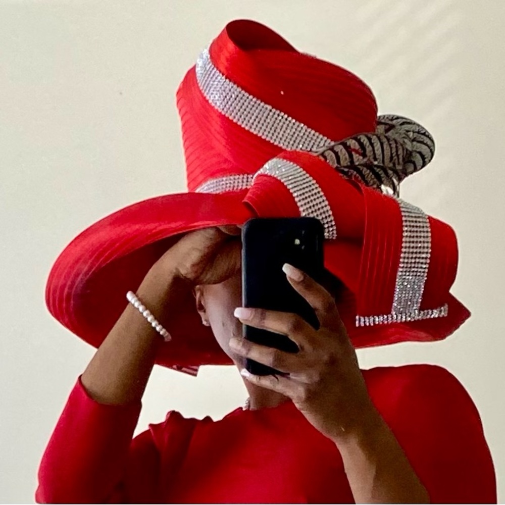 🐎 NWT CHARM NY RED “WIDE BRIM” RHINESTONES DERBY COGIC CHURCH OR DERBY HAT